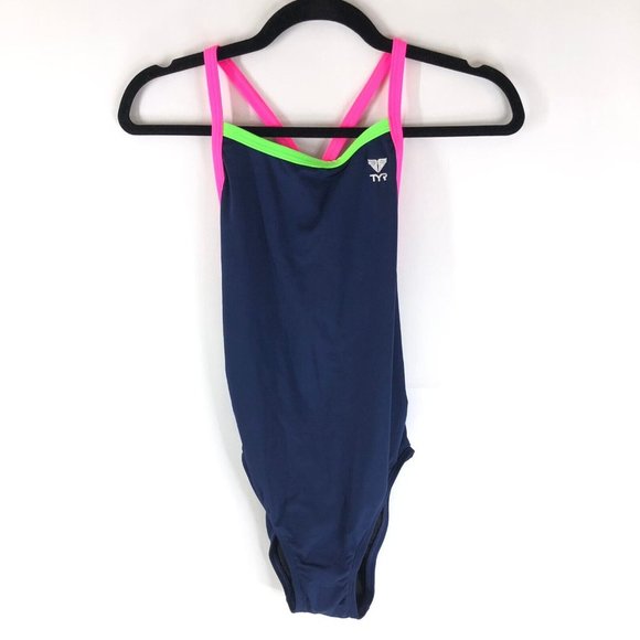 TYR Womens One Piece Swimsuit Diamondback Durafast Neon Pink Green Navy S - Picture 1 of 3